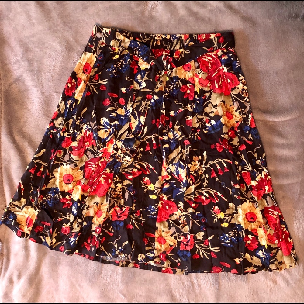 Black, floral high waist cottagecore midi skirt